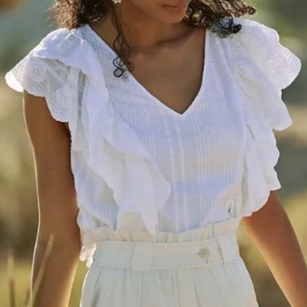 Anthropologie Sophie Ruffle Blouse in White - Size 2